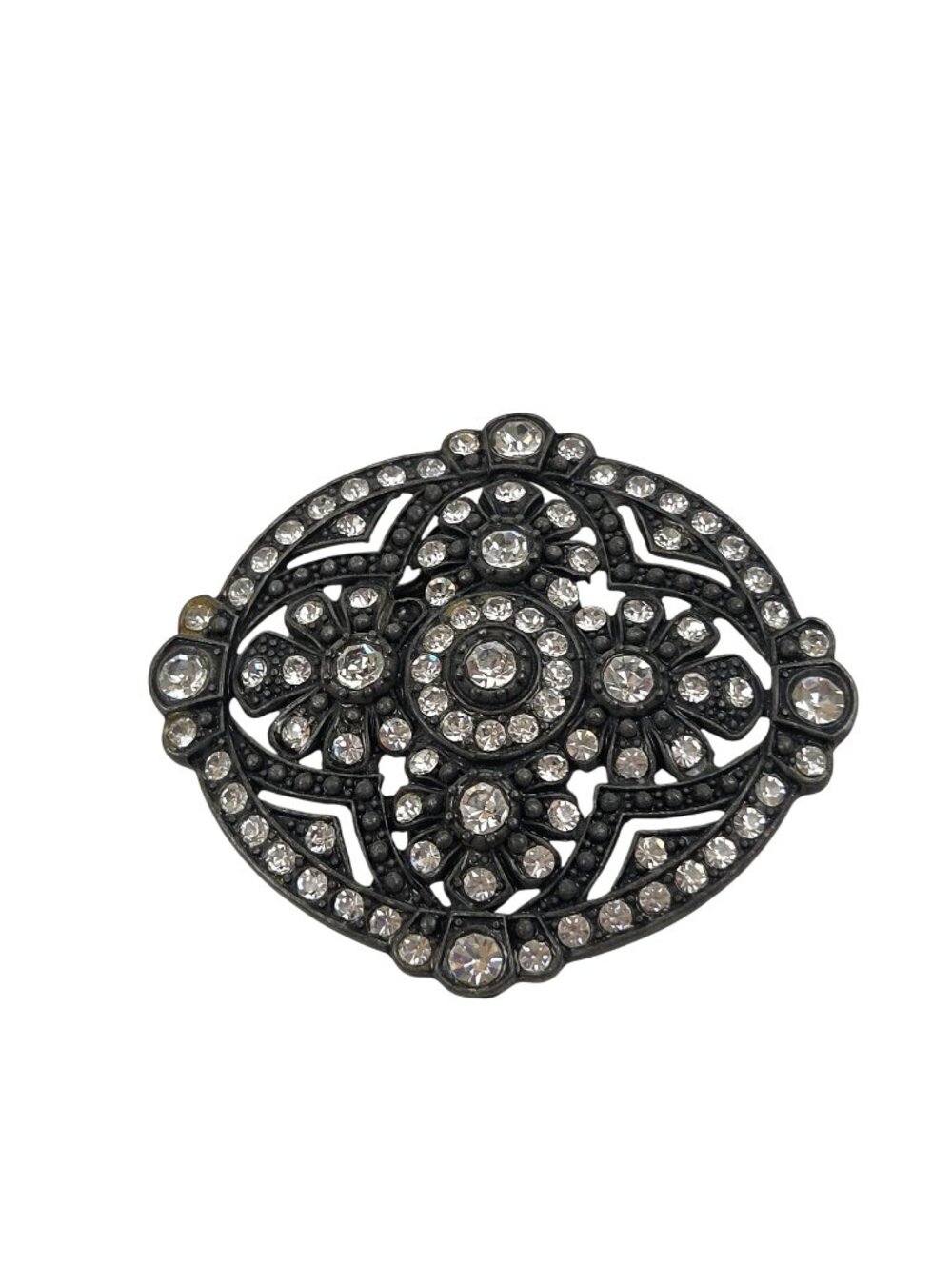 Rhinestone Filigree Belt Buckle Art Deco Oval Gunmetal Metallic Finish Vintage